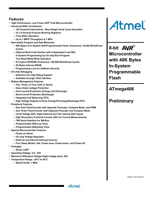 Atmel AVR Battery Management ATmega406 datasheet