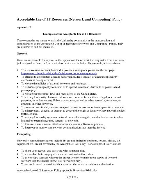 Policy Aappendix Examples Appendix B - Columbia University Administrative Policy Library