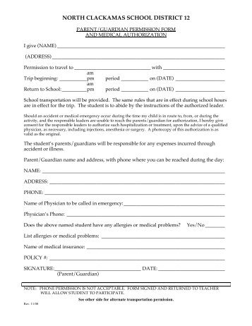 Field Trip Permission Form - North Clackamas School District