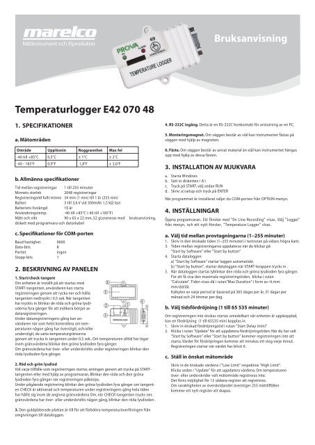 Temperaturlogger E42 070 48 Bruksanvisning - Marelco