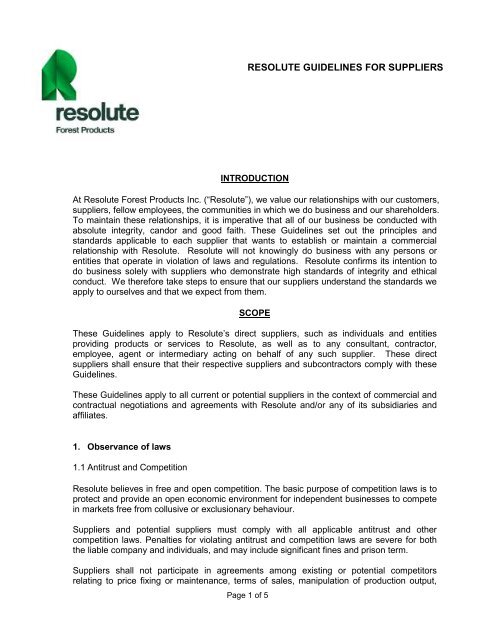 Guidelines for Suppliers - Resolute Forest Products