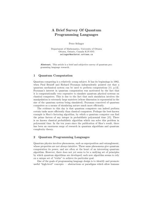 Quantum Survey Example A Brief Survey Of Quantum Programming Languages