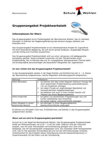 Gruppenangebot Projektwerkstatt - Bez Wohlen