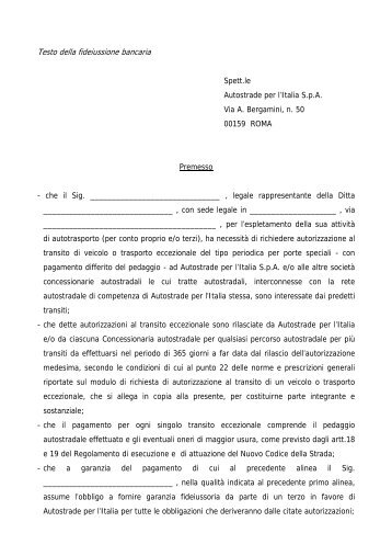 Testo della fideiussione bancaria - TE - Trasporti Eccezionali On Line