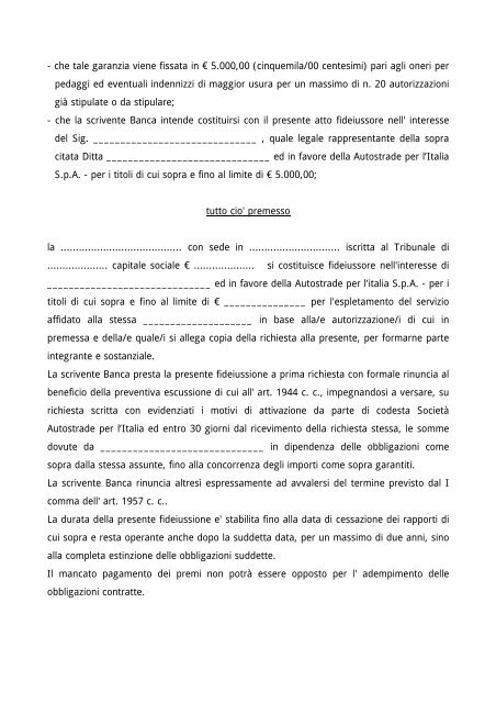 Testo della fideiussione bancaria - TE - Trasporti Eccezionali On Line