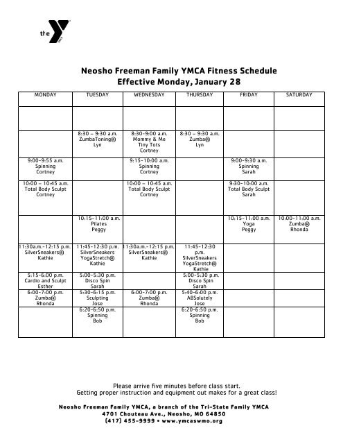 Neosho Freeman Family YMCA Fitness Schedule Effective Monday ...