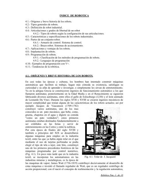 INDICE DE ROBOTICA 4.1.- OrÃgenes y breve historia de los robots ...