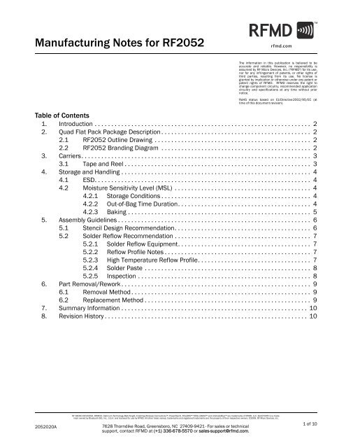 Manufacturing Notes for RF2052 - RF Micro Devices