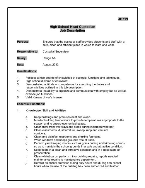 Head school custodian job description