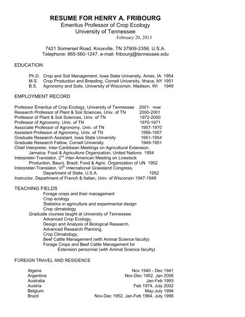 RESUME FOR HENRY A. FRIBOURG - Department of Plant Sciences