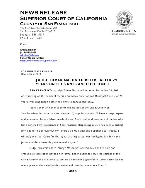 Judge Tomar Mason to Retire After 21 Years on the San Francisco ...