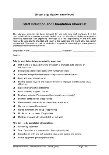 Staff Induction and Orientation Checklist - The MHCC Policy Resource