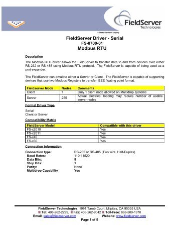 FieldServer Driver - Serial Modbus RTU - Chipkin Automation Systems