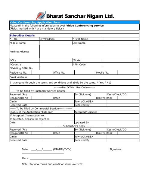 Video Conferencing Application Form Please fill in the ... - BSNL