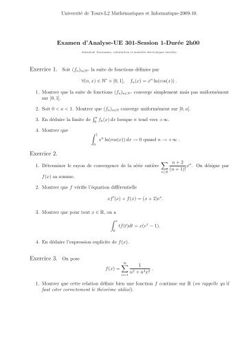 Examen d'Analyse-UE 301-Session 1-DurÃƒÂ©e 2h00 Exercice ... - LMPT