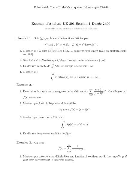 Examen d'Analyse-UE 301-Session 1-DurÃƒÂ©e 2h00 Exercice ... - LMPT