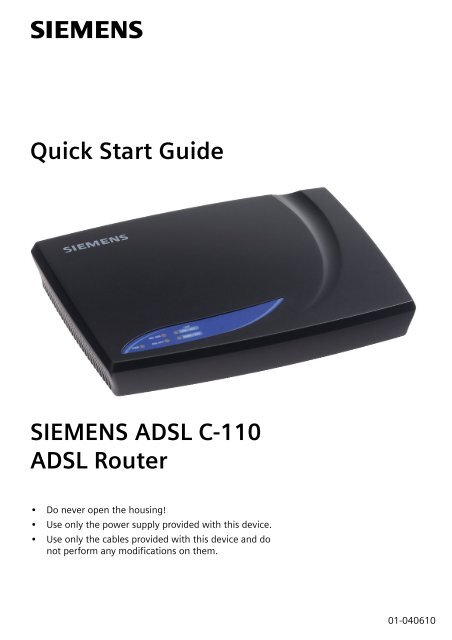 Quick Start Guide SIEMENS ADSL C-110 ADSL Router