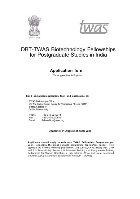 DBT-TWAS Biotechnology Fellowships for Postgraduate Studies in ...