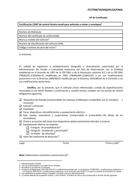 los certificados de control técnico anual para vehículos a motor y ...