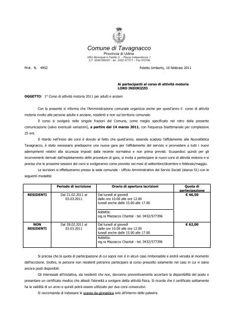 scarica tutti gli orari dei corsi - Comune di Tavagnacco