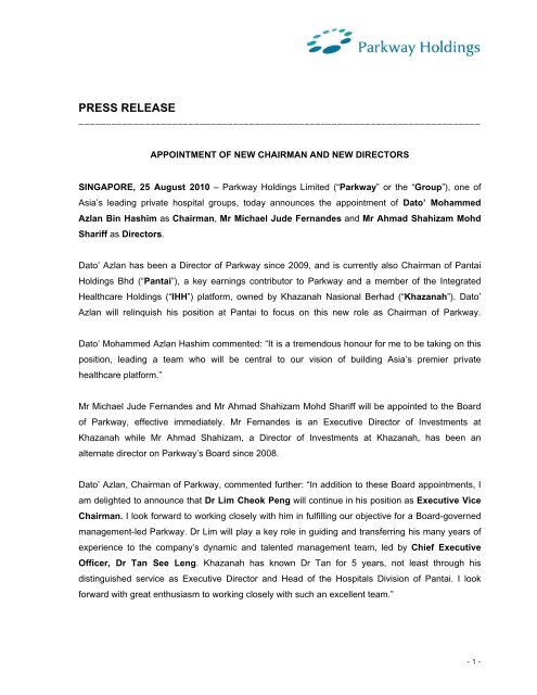 Press Release Parkway Pantai