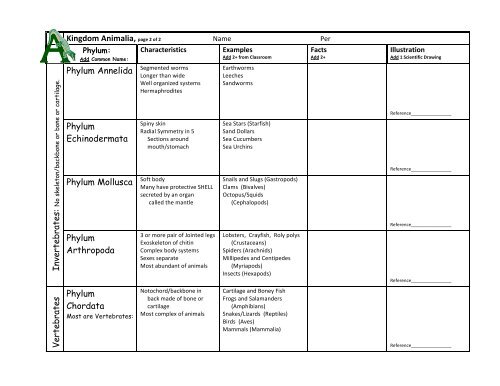 Vertebrate Phyla Chart