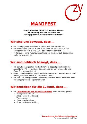 MANIFEST - Zentralverein der Wiener Lehrerschaft