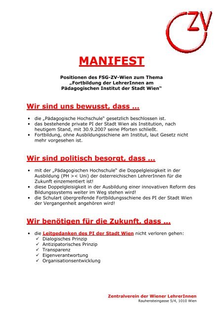 MANIFEST - Zentralverein der Wiener Lehrerschaft