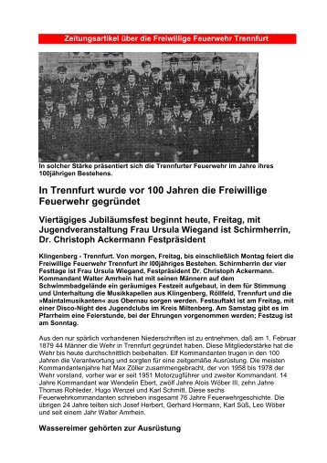 In Trennfurt wurde vor 100 Jahren die Freiwillige Feuerwehr ...