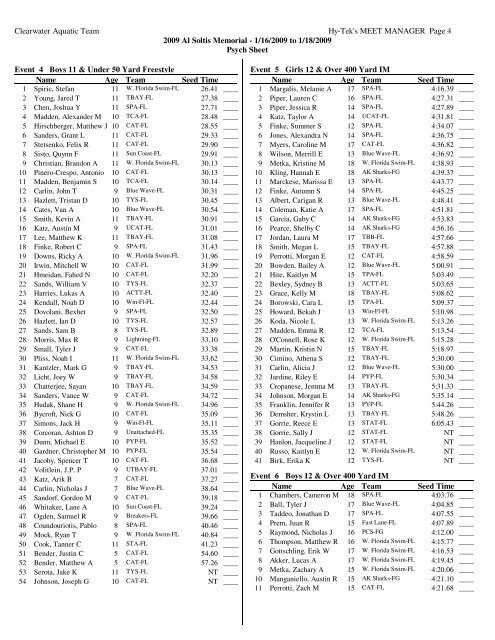 Al Soltis Psych Sheet - Fast Swim Results