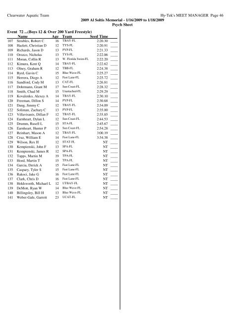 Al Soltis Psych Sheet - Fast Swim Results