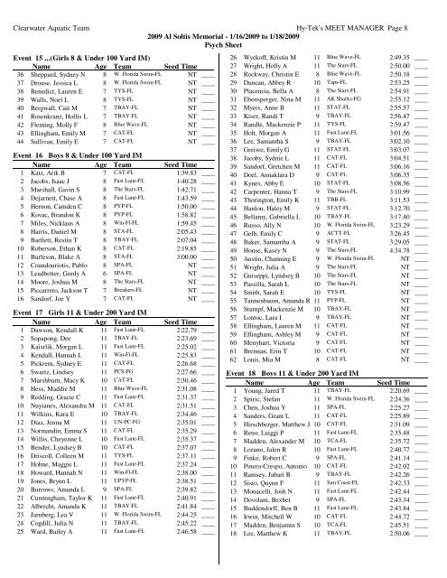 Al Soltis Psych Sheet - Fast Swim Results