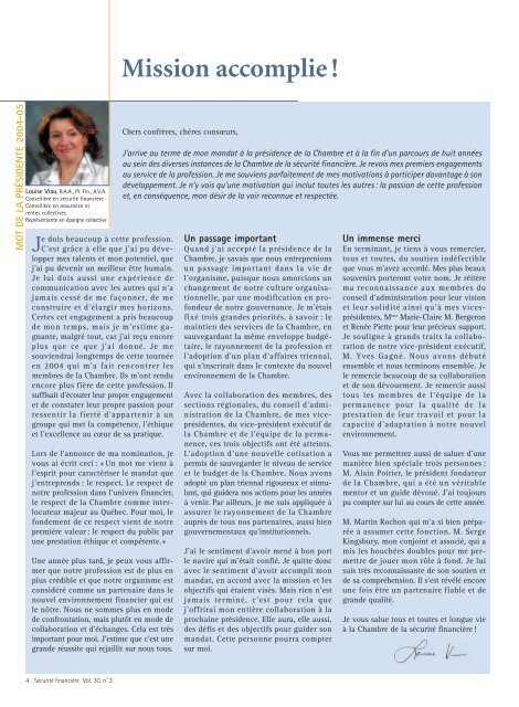 juillet 2005 - Vol. 30 - No 3 - Chambre de la sÃ©curitÃ© financiÃ¨re