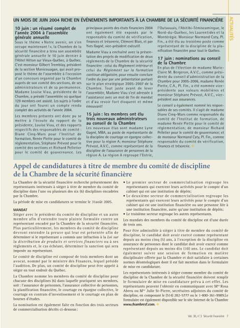 juillet 2005 - Vol. 30 - No 3 - Chambre de la sÃ©curitÃ© financiÃ¨re