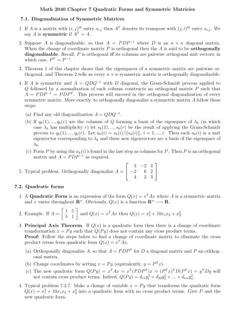 Math 2040 Chapter 7 Quadratic Forms and Symmetric Matricies 7.1 ...