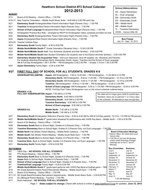 Hawthorn School District #73 School Calendar