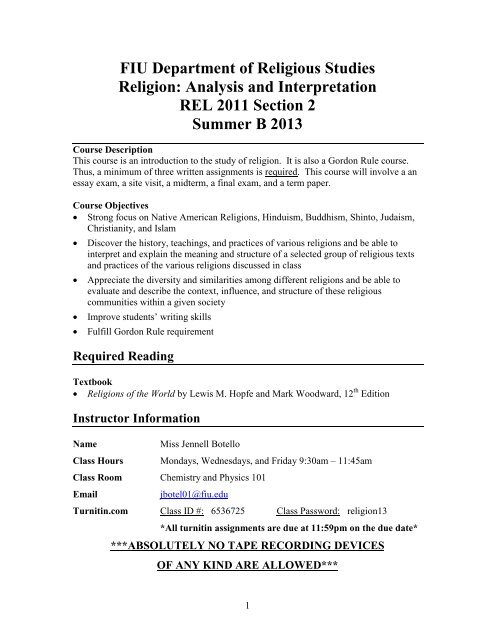 Fiu Department Of Religious Studies Religion Analysis And