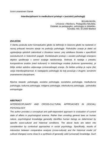 Interdisciplinarni in medkulturni pristopi v (socialni) psihologiji - Arnes