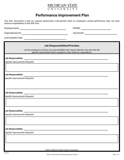 Performance Improvement Plan Form - MSU Human Resources