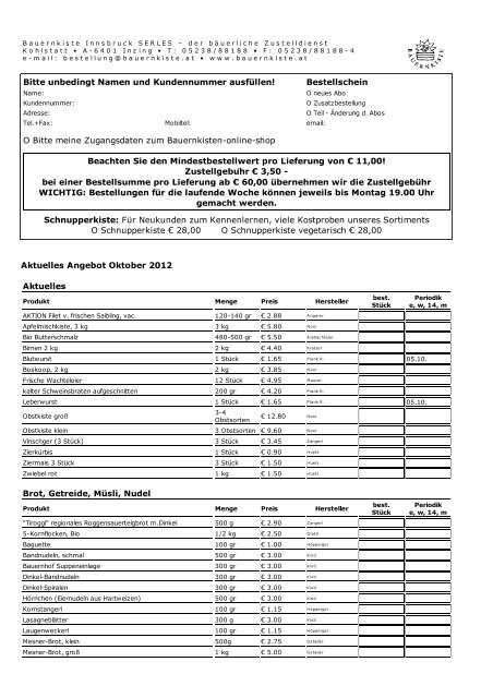 Aktueller Bestellschein - Innsbruck Serles - Bauernkiste