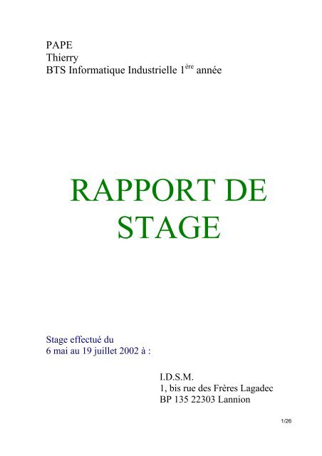 Rapport De Stage Bts Cprp Exemple