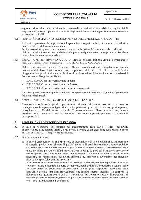 CONDIZIONI PARTICOLARI DI FORNITURA RETI ... - Fornitori - Enel