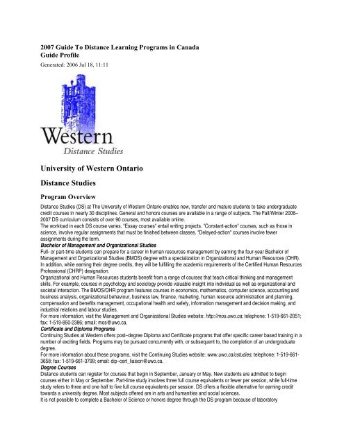 2007 Guide To Distance Learning Programs In Canada Academic
