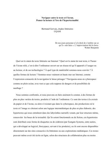 Naviguer entre le texte et l'écran. Penser la lecture à l'ère de l ... - Arald