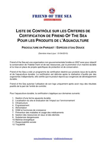 LISTE DE CONTRÔLE SUR LES CRITERES DE ... - Friend of the Sea