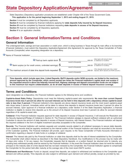 State Depository Application/Agreement - Texas Comptroller of ...