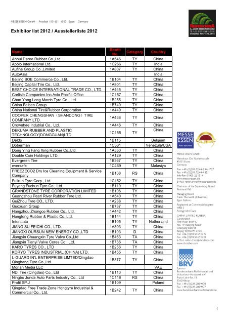 Exhibitor list 2012 / Ausstellerliste 2012 - Reifen China