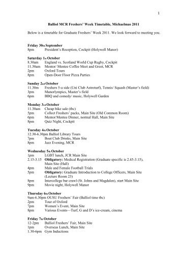 Freshers' Week MCR Timetable Michaelmas 2011 - Balliol College