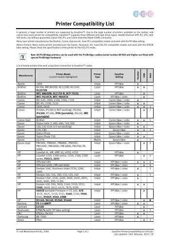 Printer Compatibility List