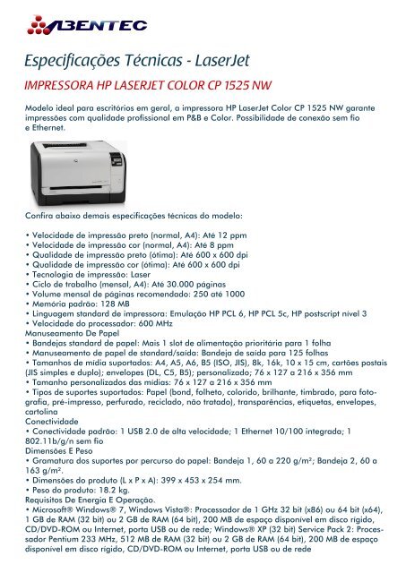 IMPRESSORA HP LASERJET COLOR CP 1525 NW - Abentec